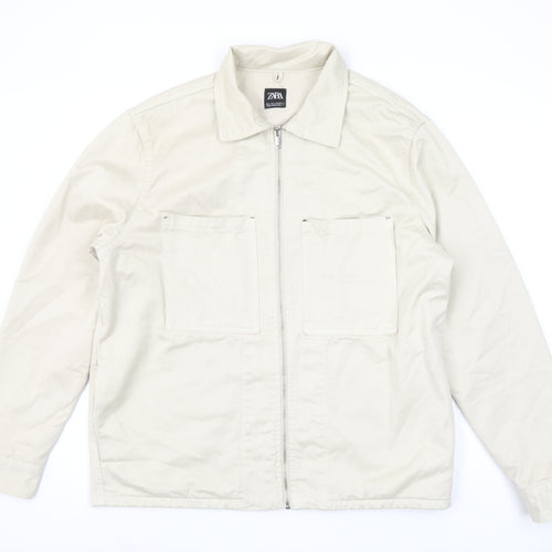 Zara Womens Beige Cotton Zip Jacket L Long Sleeve Casual Lightweight