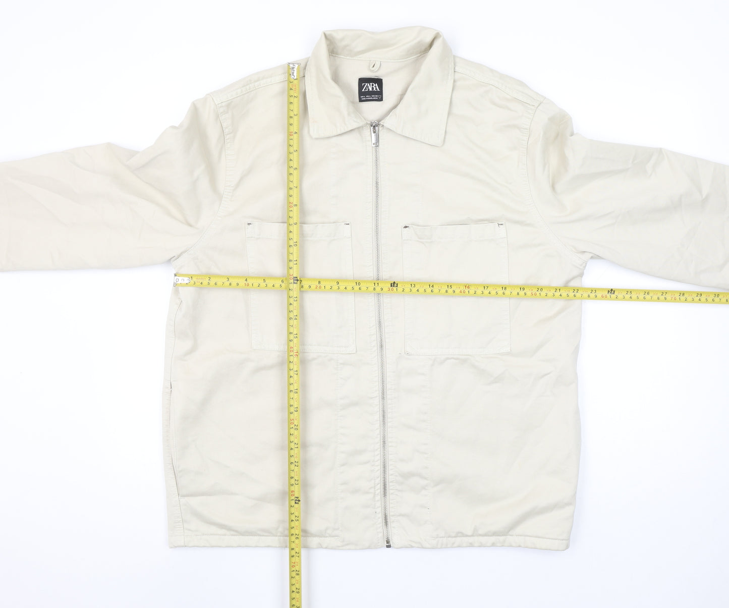 Zara Womens Beige Cotton Zip Jacket L Long Sleeve Casual Lightweight