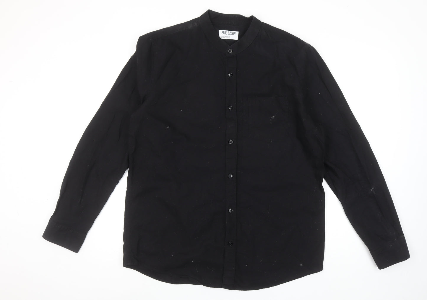 Paul Galvin Men’s Black Cotton Band Collar Long Sleeve Casual Shirt L