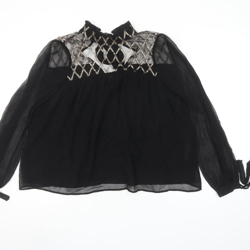 Uterqüe Women's Black Sheer Embroidered High Neck Tunic Blouse Size S