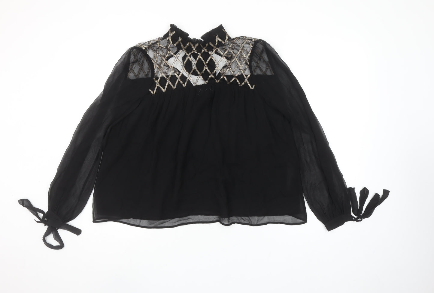 Uterqüe Women's Black Sheer Embroidered High Neck Tunic Blouse Size S