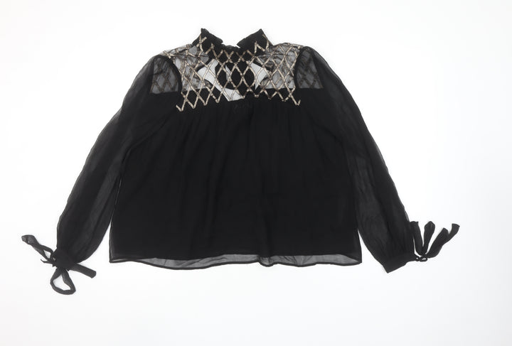 Uterqüe Women's Black Sheer Embroidered High Neck Tunic Blouse Size S