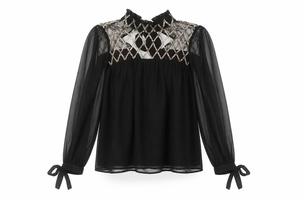 Front view of Uterqüe Women's Black Sheer Embroidered High Neck Tunic Blouse, size S