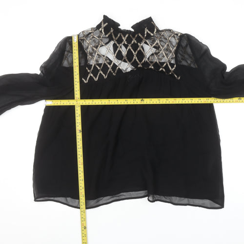 Uterqüe Women's Black Sheer Embroidered High Neck Tunic Blouse Size S