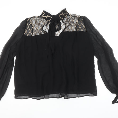 Uterqüe Women's Black Sheer Embroidered High Neck Tunic Blouse Size S