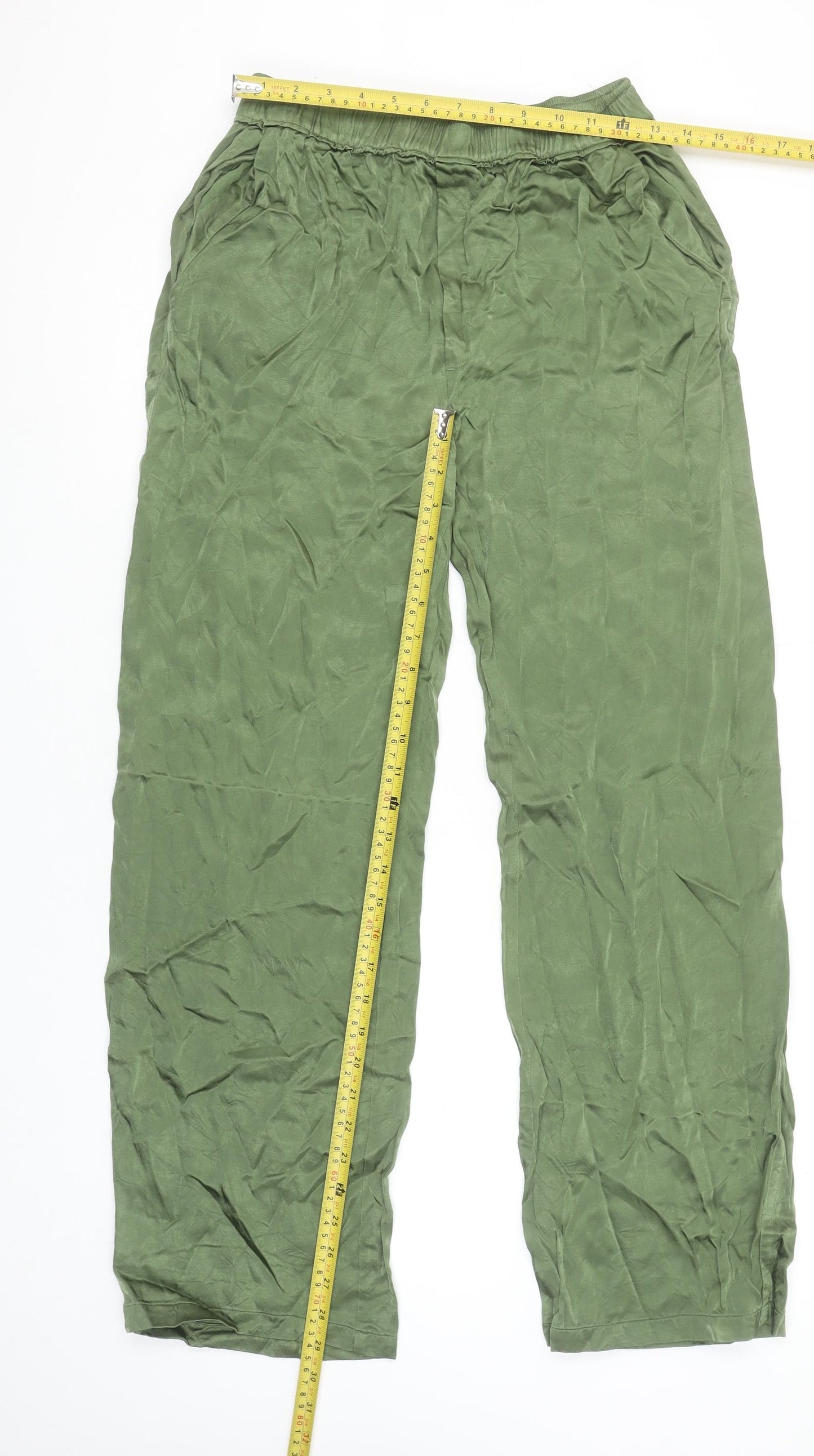 Zara Women Green Wide-Leg Viscose Trousers Size M