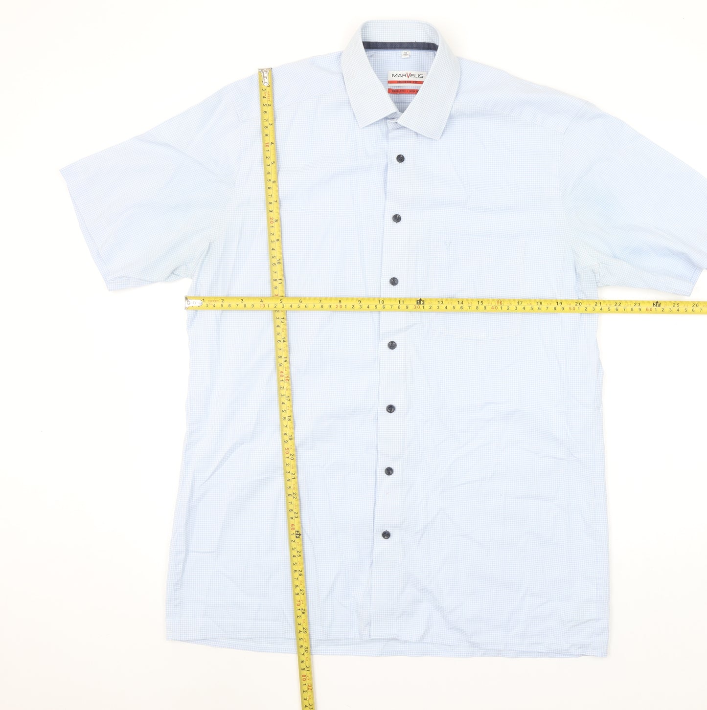 Marvelis Men's Blue Check Short Sleeve Non-Iron Shirt Size 16