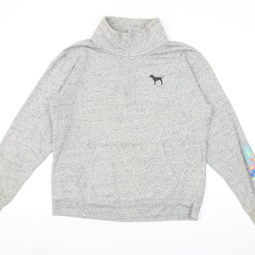 Victoria’s Secret PINK Women’s Grey 1/4 Zip Pullover Sweatshirt XS Floral Sleeve