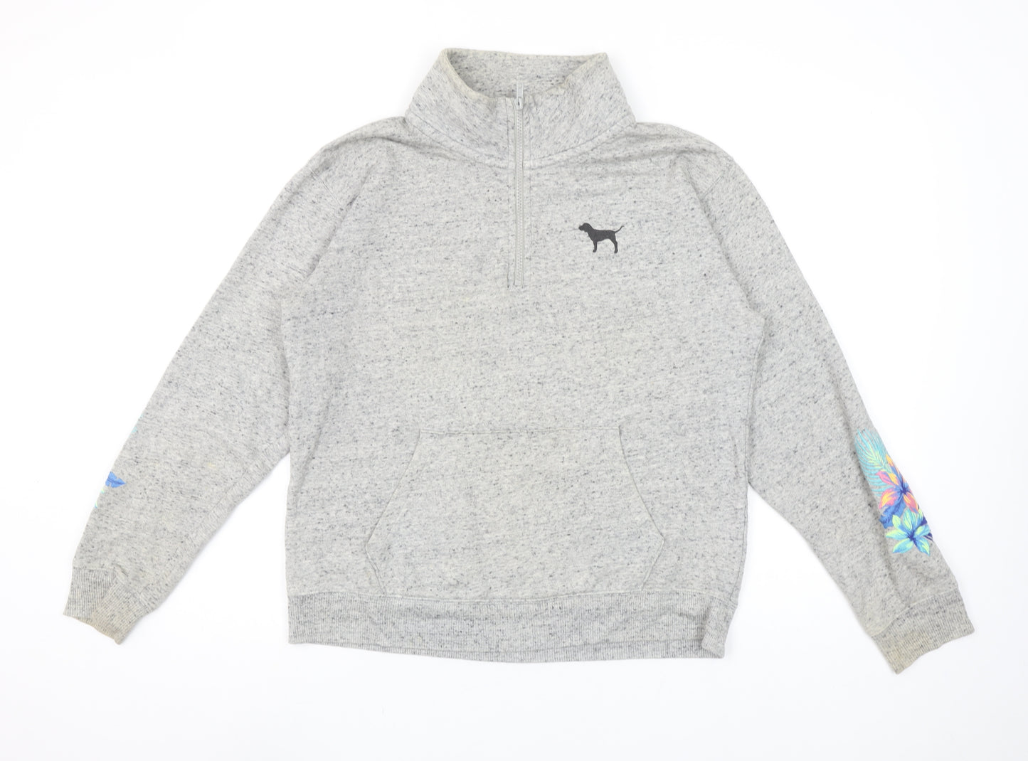 Victoria’s Secret PINK Women’s Grey 1/4 Zip Pullover Sweatshirt XS Floral Sleeve
