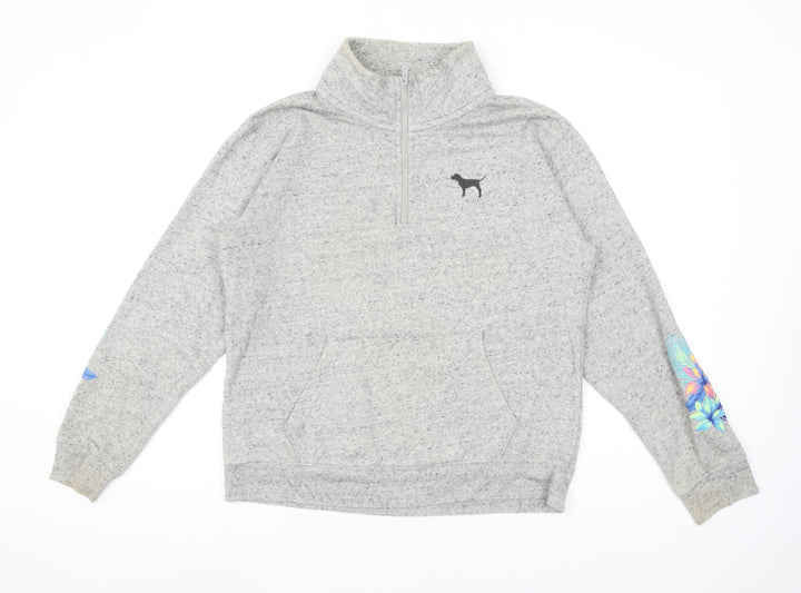 Victoria’s Secret PINK Women’s Grey 1/4 Zip Pullover Sweatshirt XS Floral Sleeve
