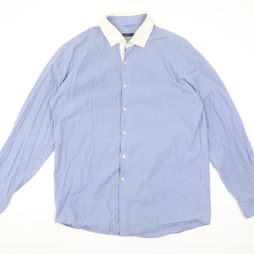 Van Heusen Men’s Blue Striped Slim Fit Long Sleeve Button-Up Shirt 16.5