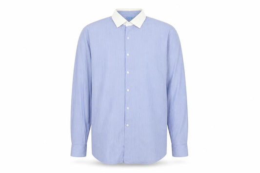 Front view of Van Heusen Men’s Blue Striped Slim Fit Long Sleeve Button-Up Shirt 16.5
