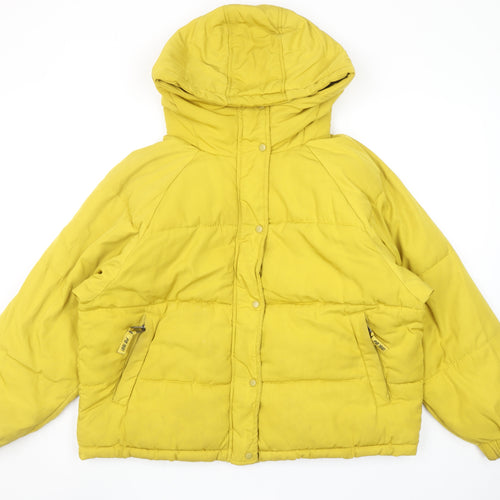 Pull&Bear Women Yellow Puffer Jacket Size 12 Hooded Polyester Short