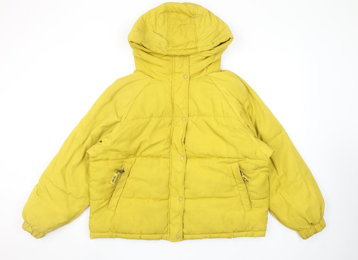 Pull&Bear Women Yellow Puffer Jacket Size 12 Hooded Polyester Short