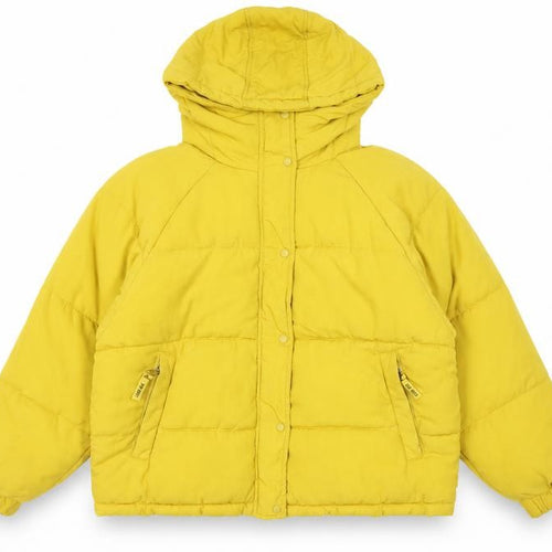 Pull&Bear Women Yellow Puffer Jacket Size 12 Hooded Polyester Short
