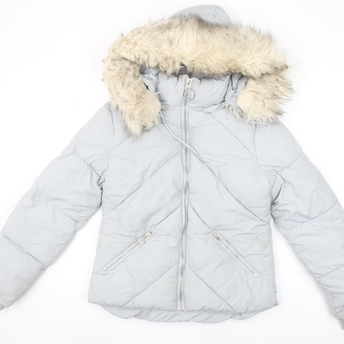 Topshop Womens Grey Faux Fur Hooded Puffer Jacket Size 6