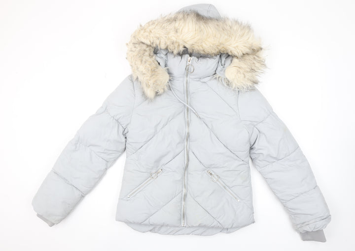 Topshop Womens Grey Faux Fur Hooded Puffer Jacket Size 6