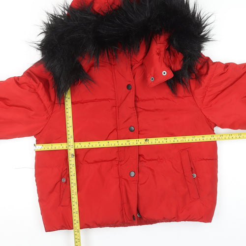 New Look Girls Red Hooded Puffer Jacket 12-13 Years Faux Fur Trim Winter Coat