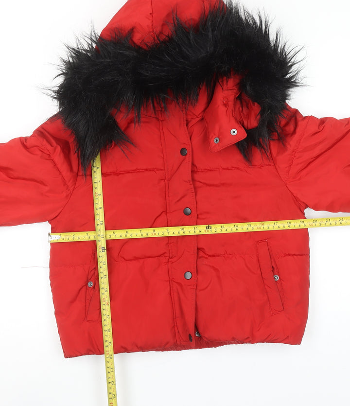 New Look Girls Red Hooded Puffer Jacket 12-13 Years Faux Fur Trim Winter Coat