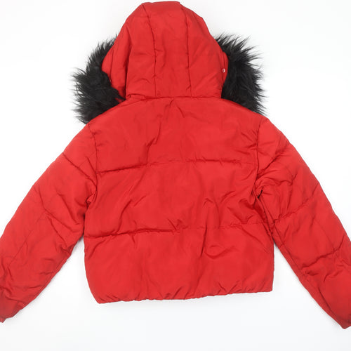 New Look Girls Red Hooded Puffer Jacket 12-13 Years Faux Fur Trim Winter Coat