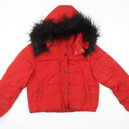 New Look Girls Red Hooded Puffer Jacket 12-13 Years Faux Fur Trim Winter Coat