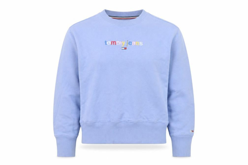 Front view of Tommy Jeans women’s blue xs crew neck pullover sweatshirt