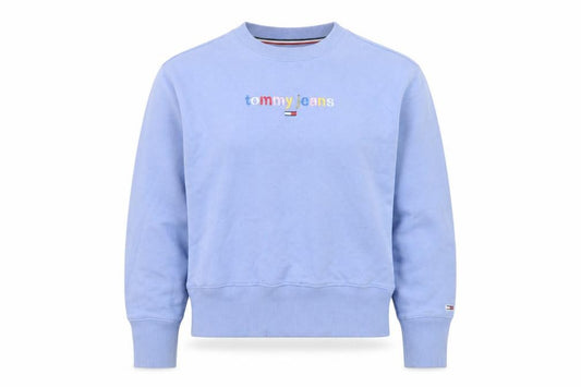Front view of Tommy Jeans women’s blue xs crew neck pullover sweatshirt