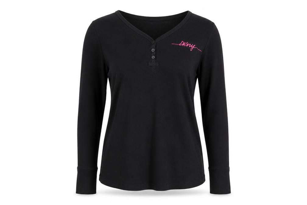 Front view of DKNY Women’s Black Long Sleeve V-Neck Basic Jersey Top, size S