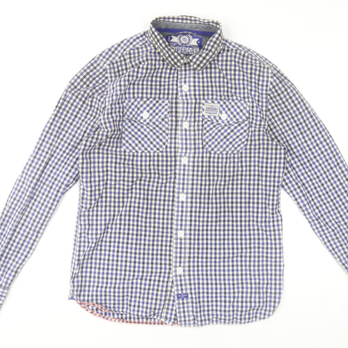 Superdry Men's Blue Check Long Sleeve Cotton Button-Up Shirt Size L
