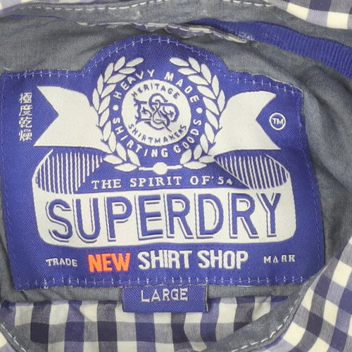 Superdry Men's Blue Check Long Sleeve Cotton Button-Up Shirt Size L