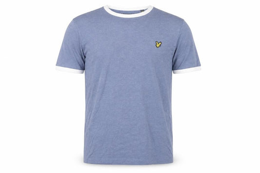 Front view of Lyle & Scott men’s blue crew neck short sleeve t-shirt, size M