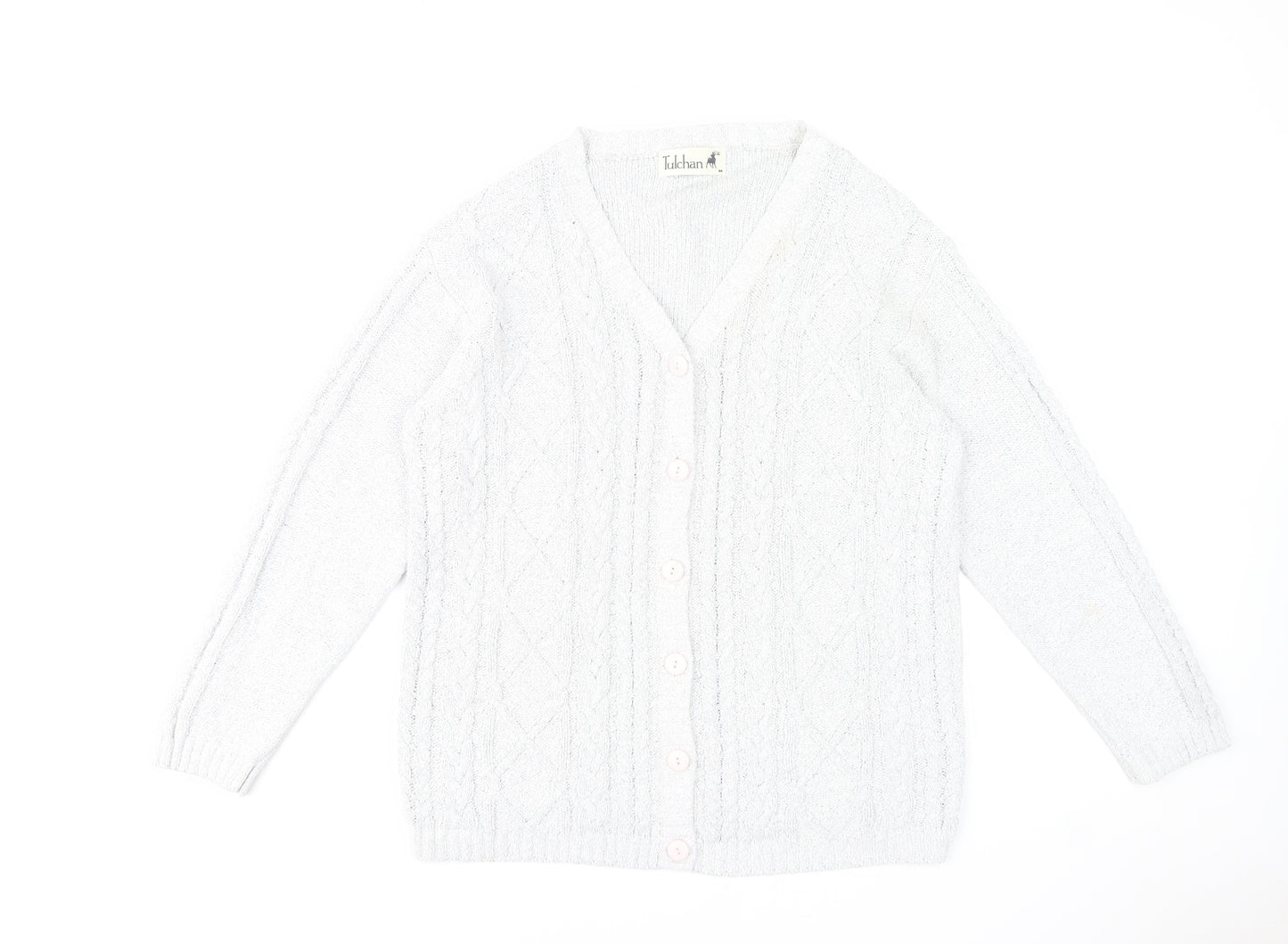 Tulchan Women's White Cable-Knit Cardigan M Cotton Blend V-Neck