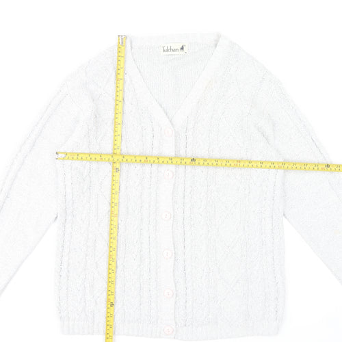 Tulchan Women's White Cable-Knit Cardigan M Cotton Blend V-Neck