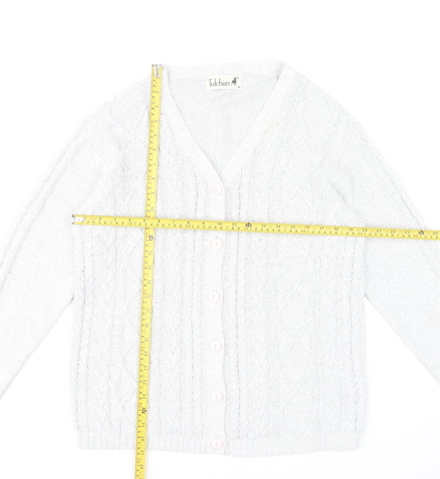Tulchan Women's White Cable-Knit Cardigan M Cotton Blend V-Neck