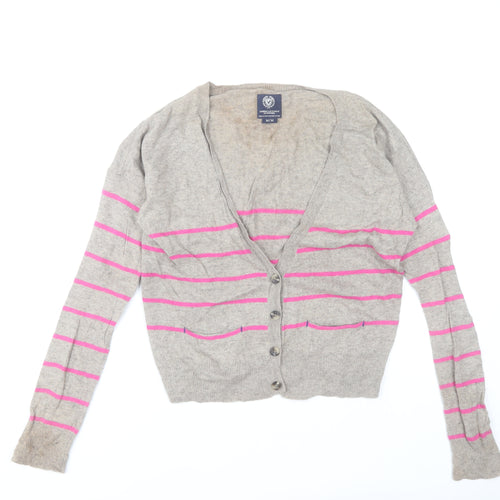 American Eagle Outfitters Women Grey Pink Stripe Cardigan M Wool Blend