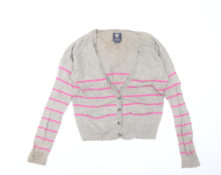American Eagle Outfitters Women Grey Pink Stripe Cardigan M Wool Blend