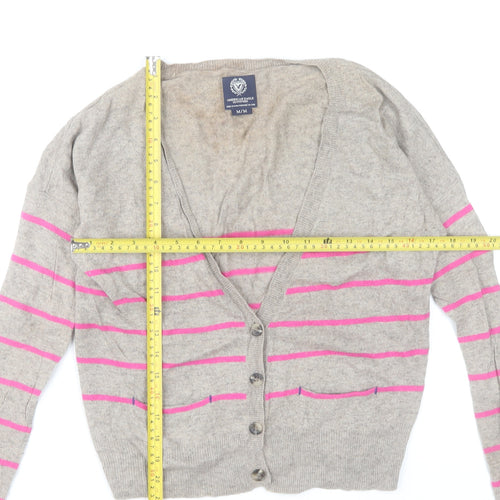 American Eagle Outfitters Women Grey Pink Stripe Cardigan M Wool Blend