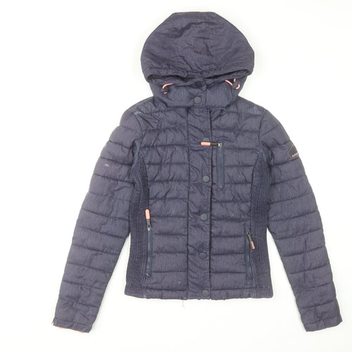 Superdry Womens Blue Puffer Jacket Size 6 Hooded Lightweight Casual