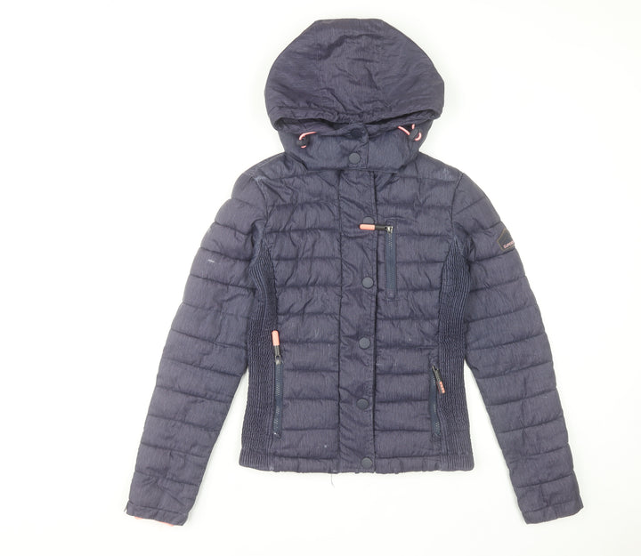 Superdry Womens Blue Puffer Jacket Size 6 Hooded Lightweight Casual