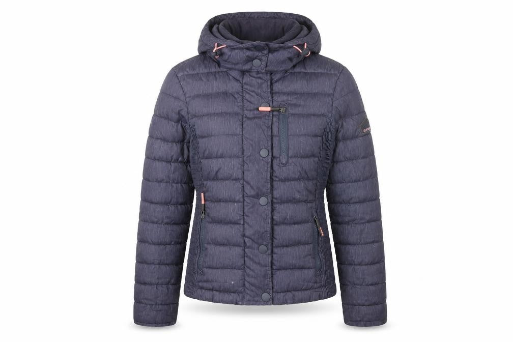 Front view of Superdry women’s blue puffer jacket, size UK 6, hooded lightweight casual