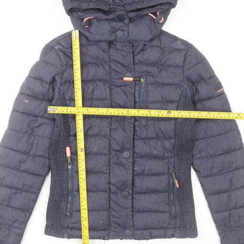 Superdry Womens Blue Puffer Jacket Size 6 Hooded Lightweight Casual