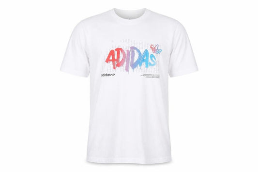 Front view of adidas Men's White Graphic Print Cotton T-Shirt, size S, Regular Fit