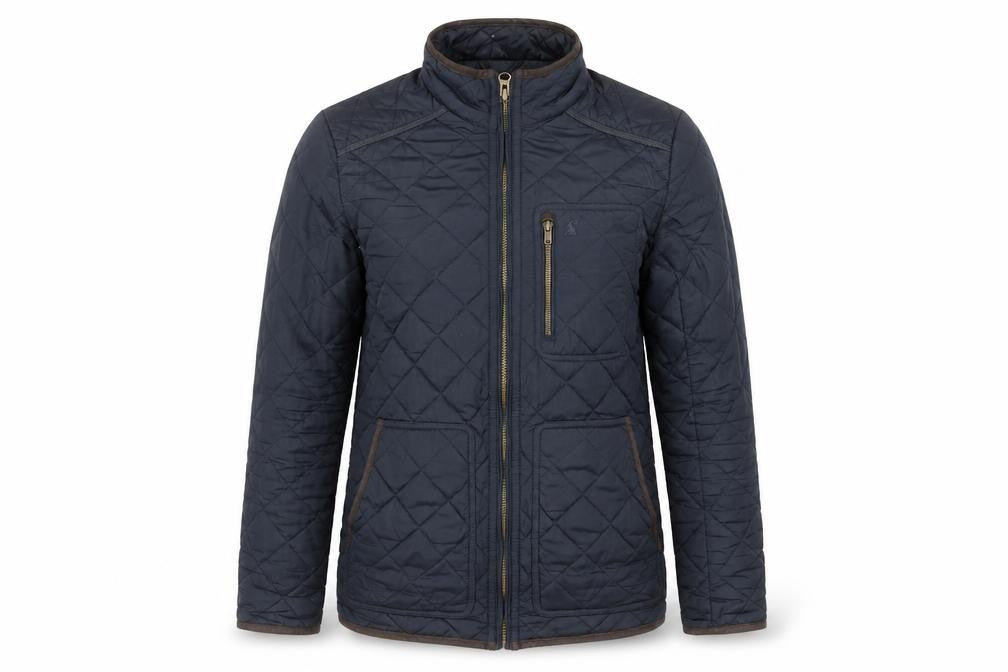 Front view of Joules women’s blue quilted mid-length jacket, size S, polyester zip