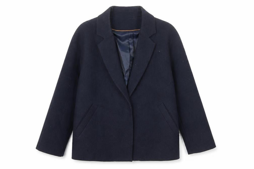 Front view of Jigsaw Women's Blue Wool Look Short Blazer Jacket M