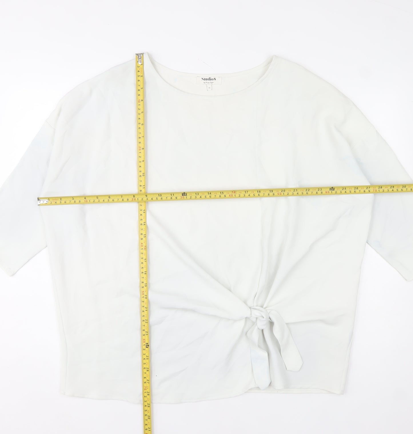 Studio 8 by Phase Eight White Tie Front Tunic Blouse Women Size 16 3/4 Sleeve
