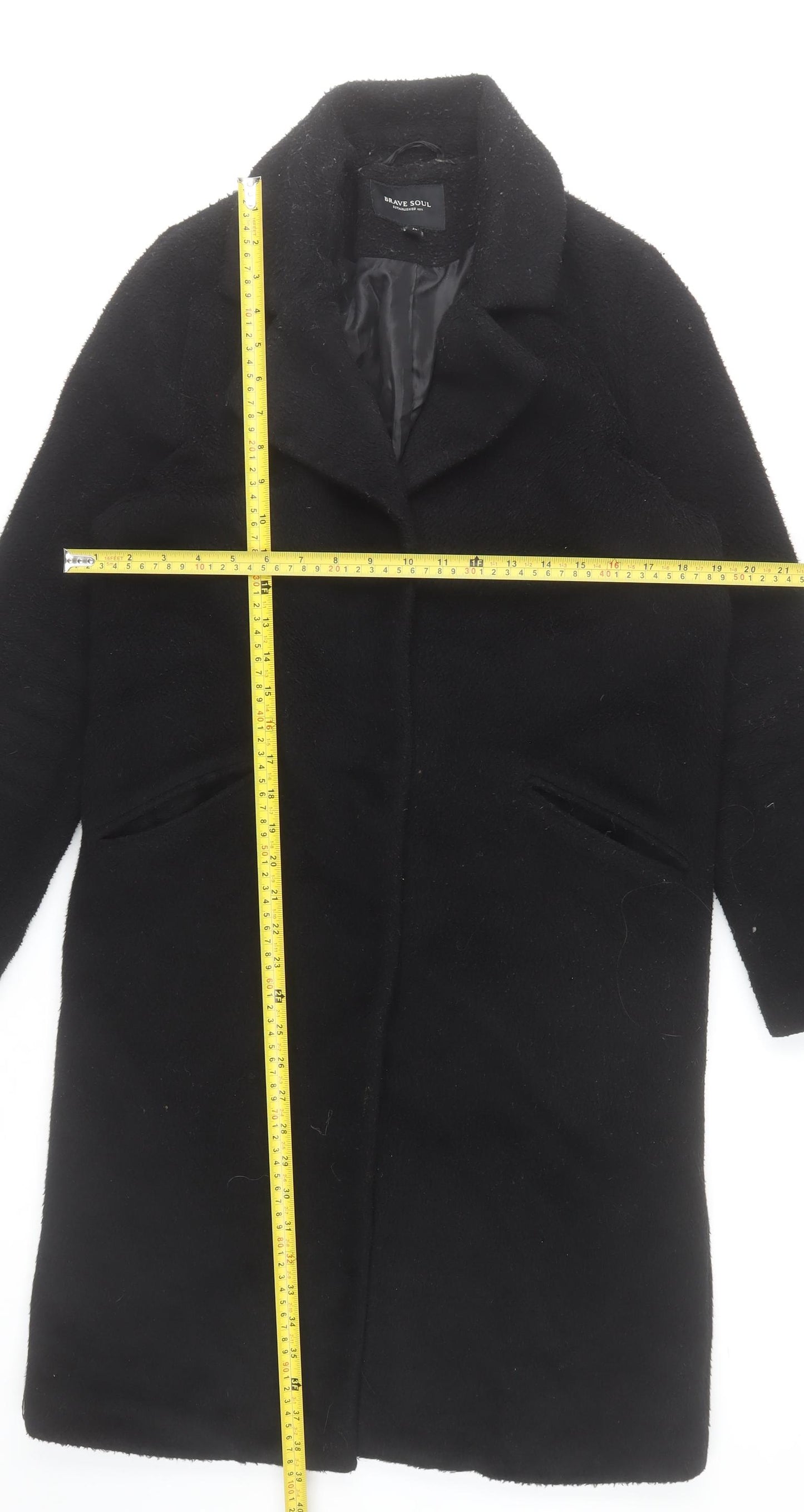 Brave Soul Women's Black Long Overcoat Size 10 Classic Wool-Blend
