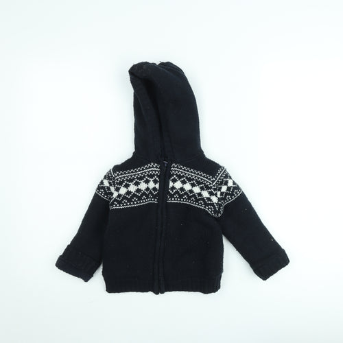 Mini Rebel Boys Black Fair Isle Hooded Knit Jacket 3 Years Lined Winter Zip Up