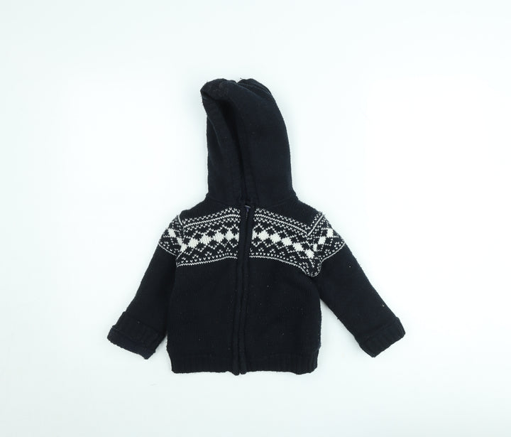 Mini Rebel Boys Black Fair Isle Hooded Knit Jacket 3 Years Lined Winter Zip Up