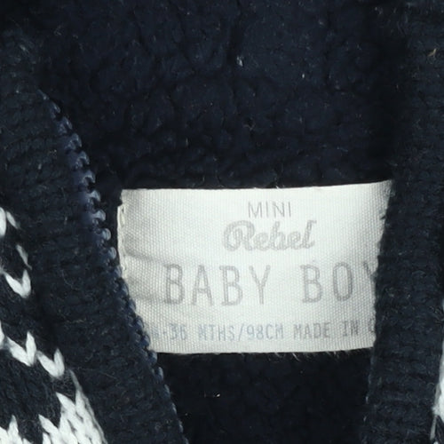 Mini Rebel Boys Black Fair Isle Hooded Knit Jacket 3 Years Lined Winter Zip Up