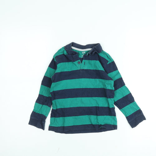 H&M Boys Green Blue Striped Long Sleeve Polo Shirt 4-6 Years Cotton